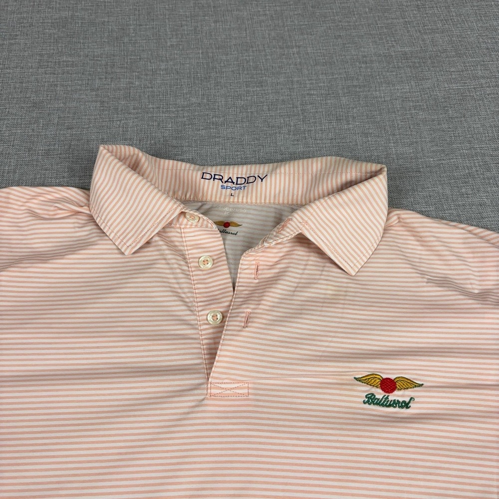 Draddy Sport Polo Shirt Mens L Pink Striped Baltusrol Golf Stretch Short Sleeve